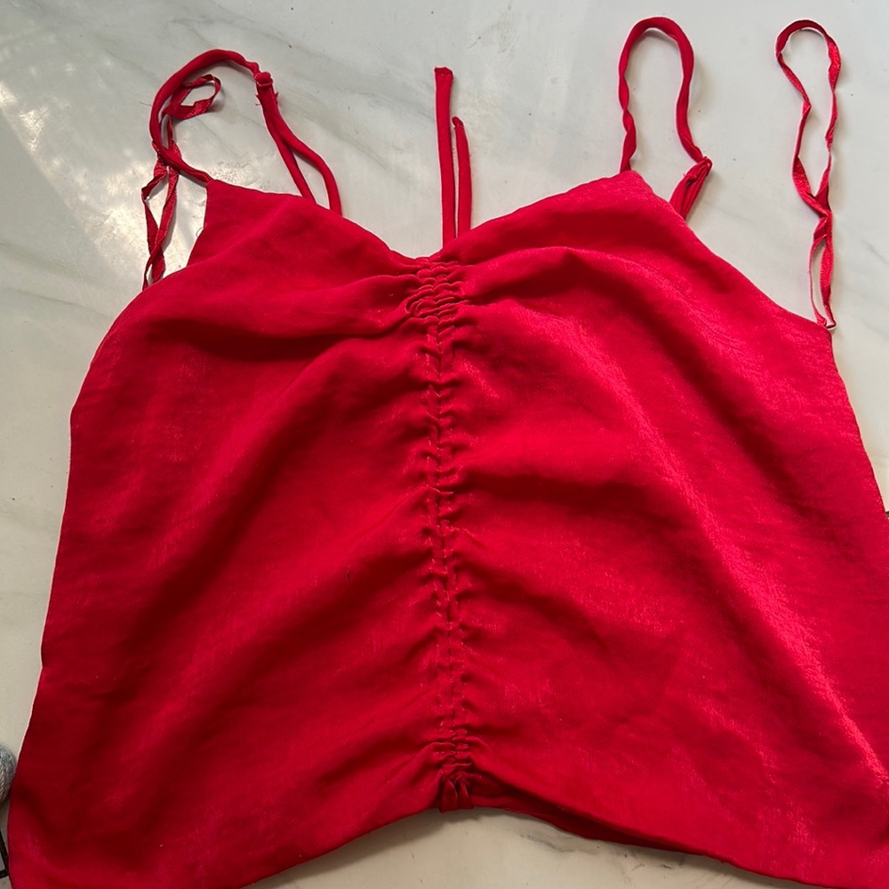 Monteau Los Angeles red satin cowl neck top.